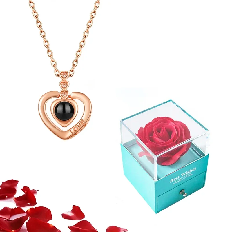 Customized Color Photo Projection Heart Necklace With Luxury Rose Flower Box For Girlfriend Birthday Festival Romantic Gifts