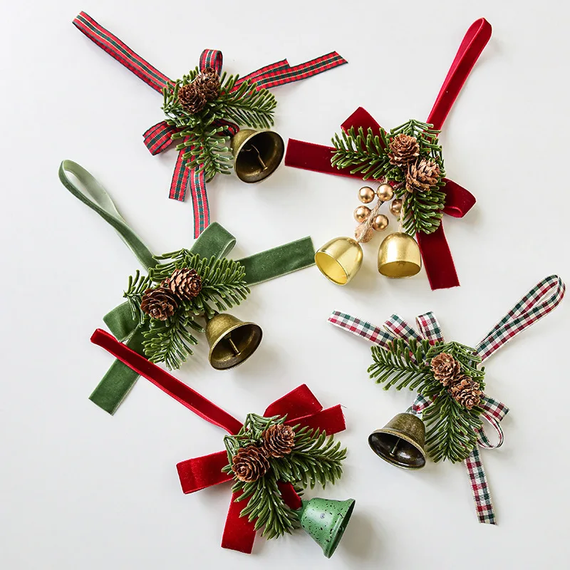 Christmas Pendant Bells With Bows And Pine Cones Xmas Tree Hanging Pendant Christmas Tree Pine Cone Scene Decoration
