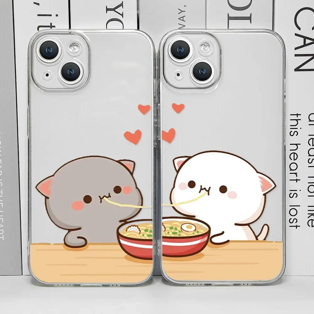 Funny Cartoon Heart Cat Paired Couple Phone Case for IPhone 11 12 13 16 15 Pro Max Mini X XS 7 8 14 Plus SE2 Clear Lovers Covers