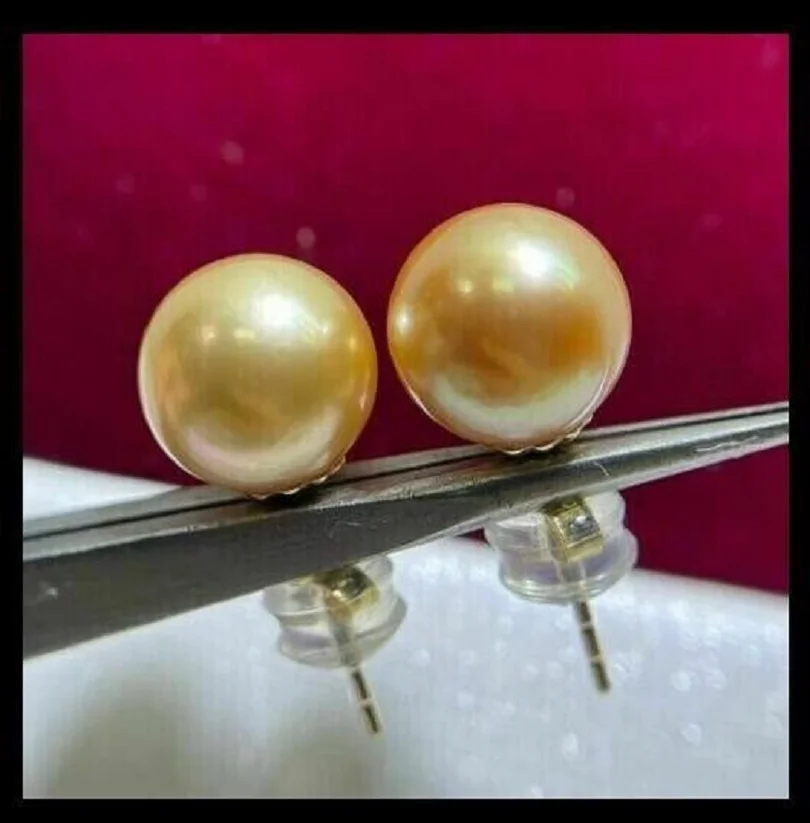 Huge pair of AAAA 11-12mm real natural Round Golden South Sea Pearl Earrings 18K