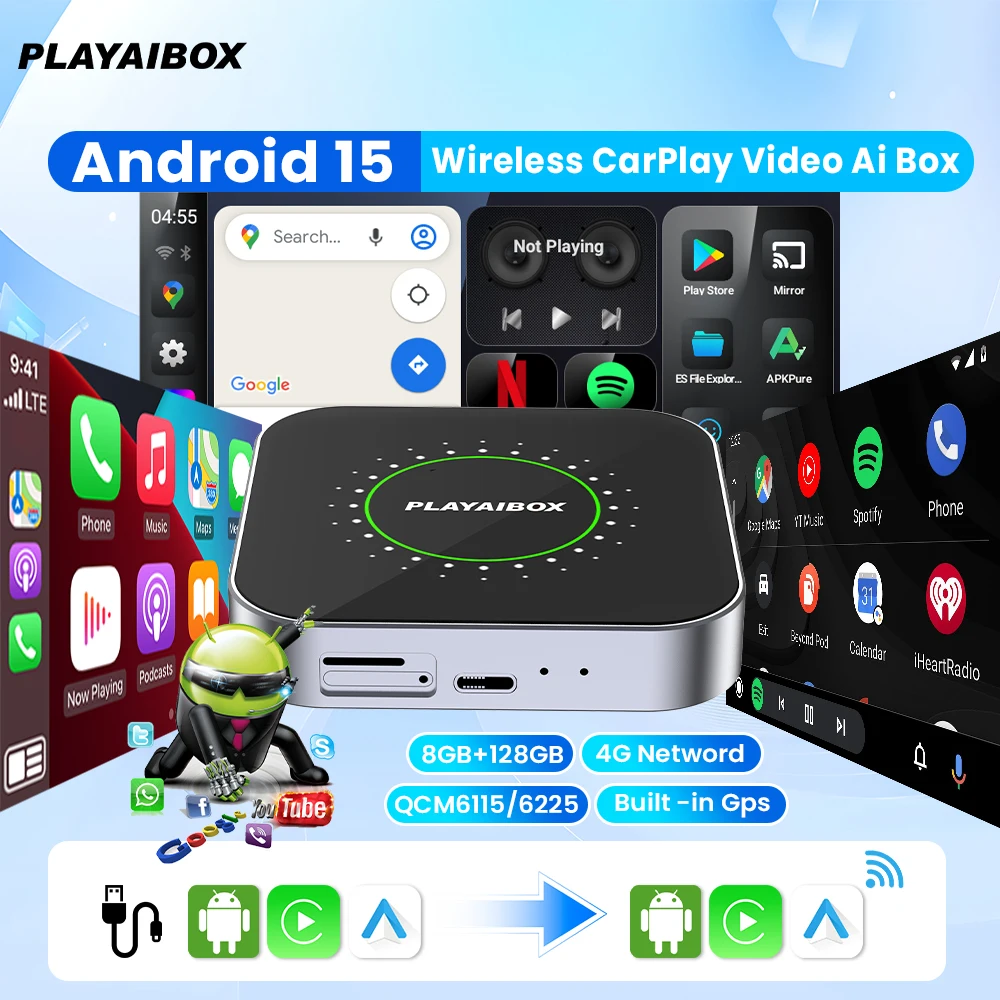 Playaibox Android 15, CarPlay AI Box, беспроводной Android Auto CarPlay, Smart TV Box, автомобильные аксессуары для Benz Audi Kia Hyundai Toyota Playaibox Android 15, CarPlay AI Box, беспроводной Android Auto CarPlay, Smart TV Box, автомобильные аксессуары для Benz Audi Kia Hyundai Toyota