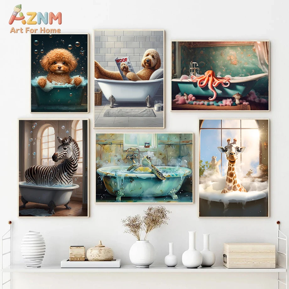 AZNM Cute Animals Bathtub Frameless Canvas Wall Art, Funny Octopus Pig Duck Print for Bathroom Restroom Decor