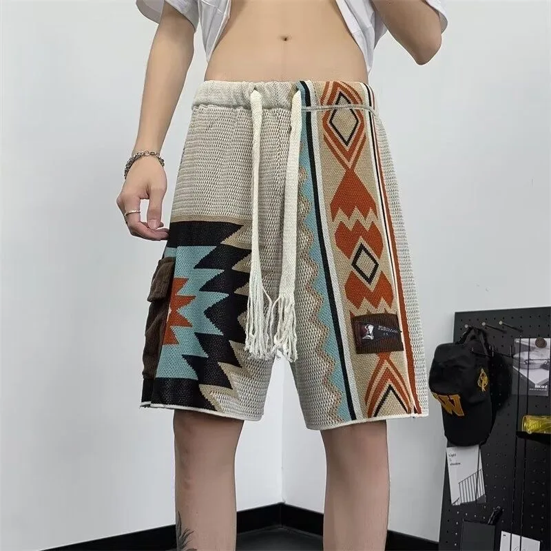 Men Knit Boho Ethnic Vintage Beach Shorts Male Trendy Hit Color Embroidery Geometry Shorts Knee Length Ins Chic Fashion Shorts