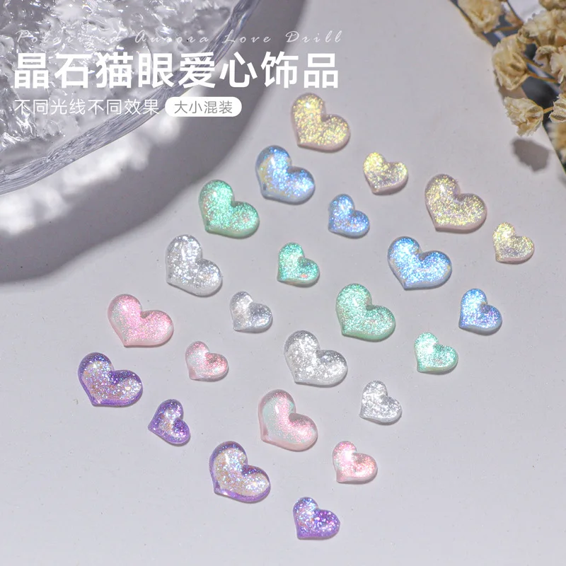 100PCS Mixed Size 3D Resin Nail Art Heart Charms Accessories Glitter Nails Decoration Design Supplies Tool Manicure Material