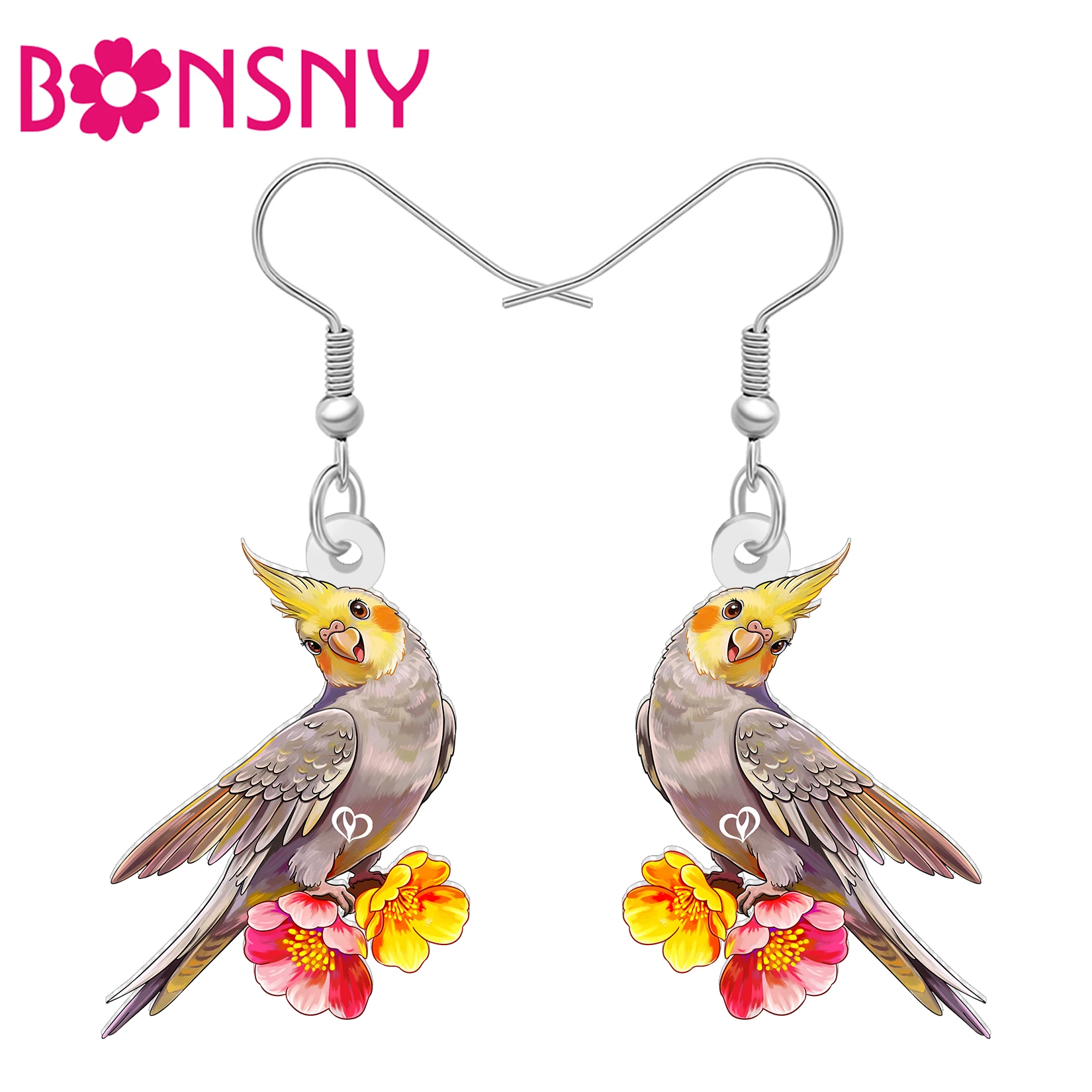 BONSNY Acrylic Cute Cockatiel Dangle Earrings Dainty Spring Flowers Bird Animals Parrot Drop Jewelry Charms For Women Mom Gifts