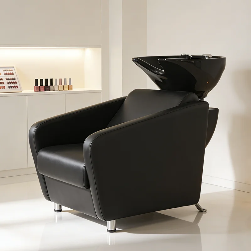 

qk-Modern Reclining Black Shampoo Chair Luxury Barbershop Furniture Head Treatment Spa Washing Chair with Ceramic Basin@