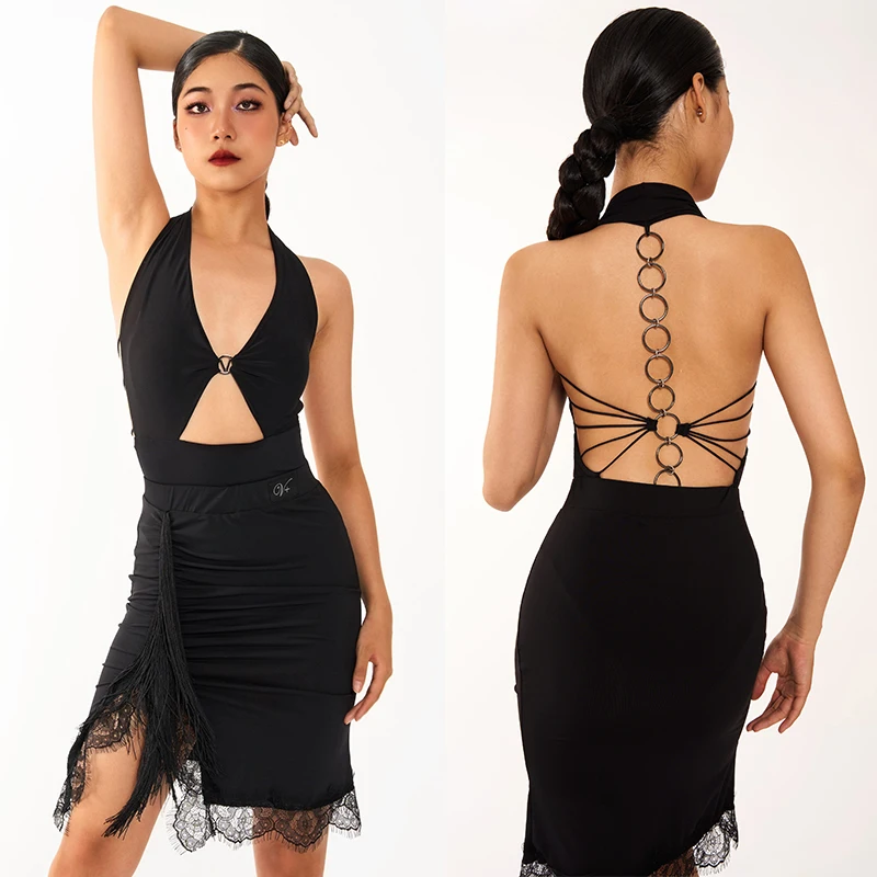 Vestido de baile latino Sexy para mujer, Tops con Espalda descubierta, anillos de Metal, falda latina de encaje negro, ropa de baile de rendimiento para Rumba y Salsa, DNV19806