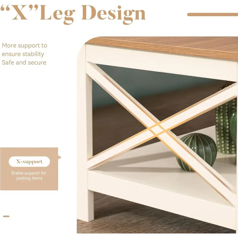 Ivory 2-Tier Farmhouse-Style Coffee Table with Storage for Living Room