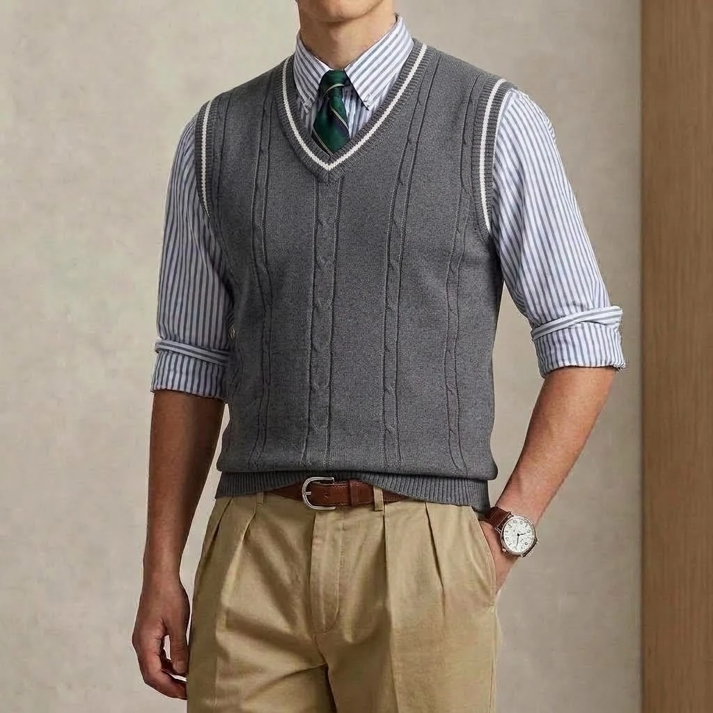 New Men Cable Knitted Sweater Vest V-Neck Striped Sleeveless Jumper Casual Autumn Tank Top Shirts Knitwear Pullover Coat for Men