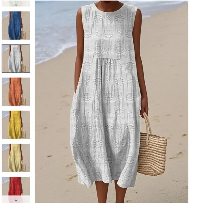 

Fashion Sleeveless Print Midi Dresses For Women Casual Loose Holiday Beach Dress 2025 Summer Ladies O-neck Pocket A-line Dresses