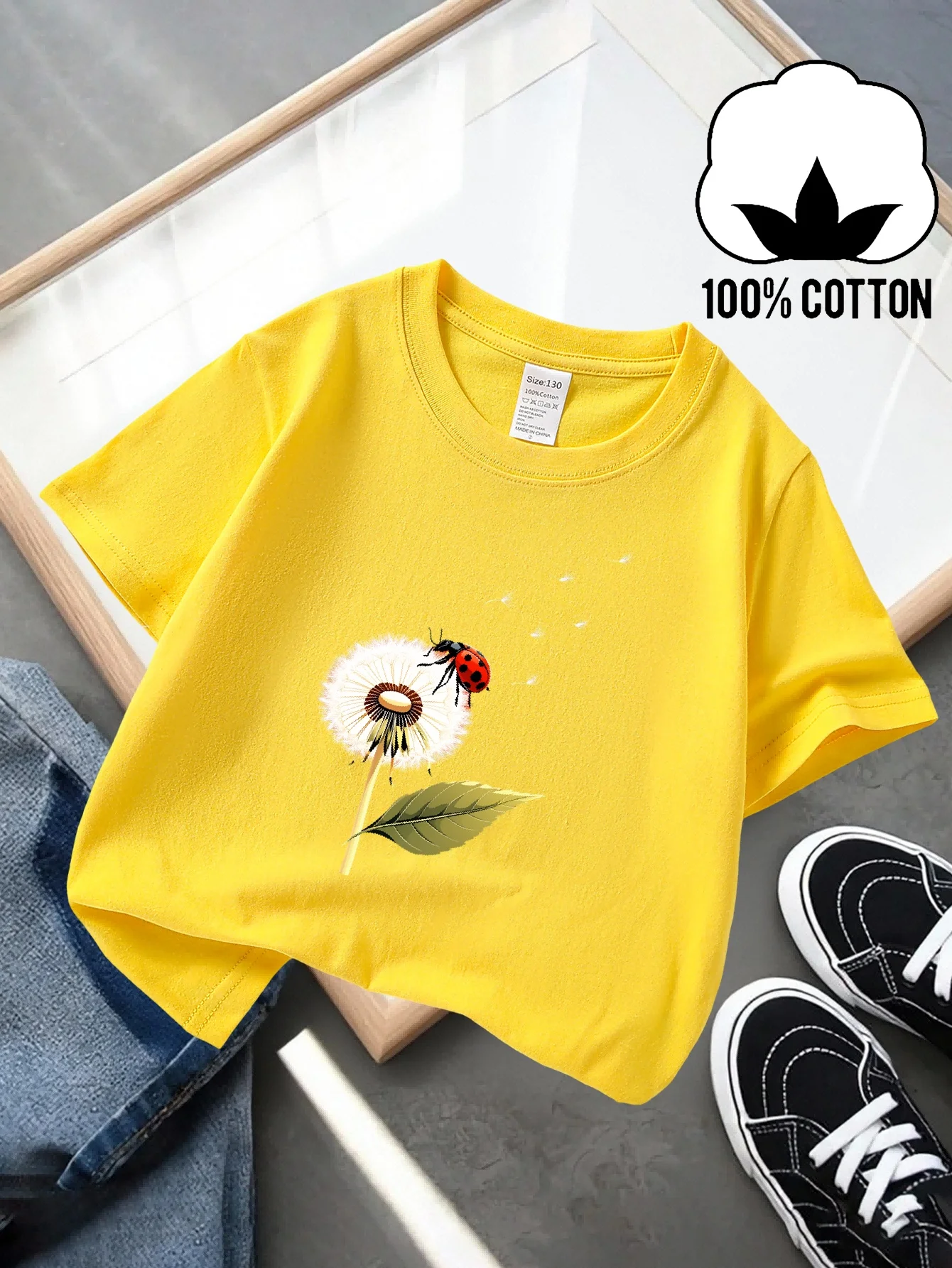 Children's Cute Ladybug Dandelion Natural Flower Art Print Summer Street Round Neck T-shirt Casual Fashion Parent Child Wear