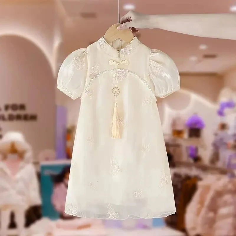 Girls Short sleeve Dress cheongsam Dress Summer New Baby Embroidered Collar Mesh Princess Dress Children\'s Dress