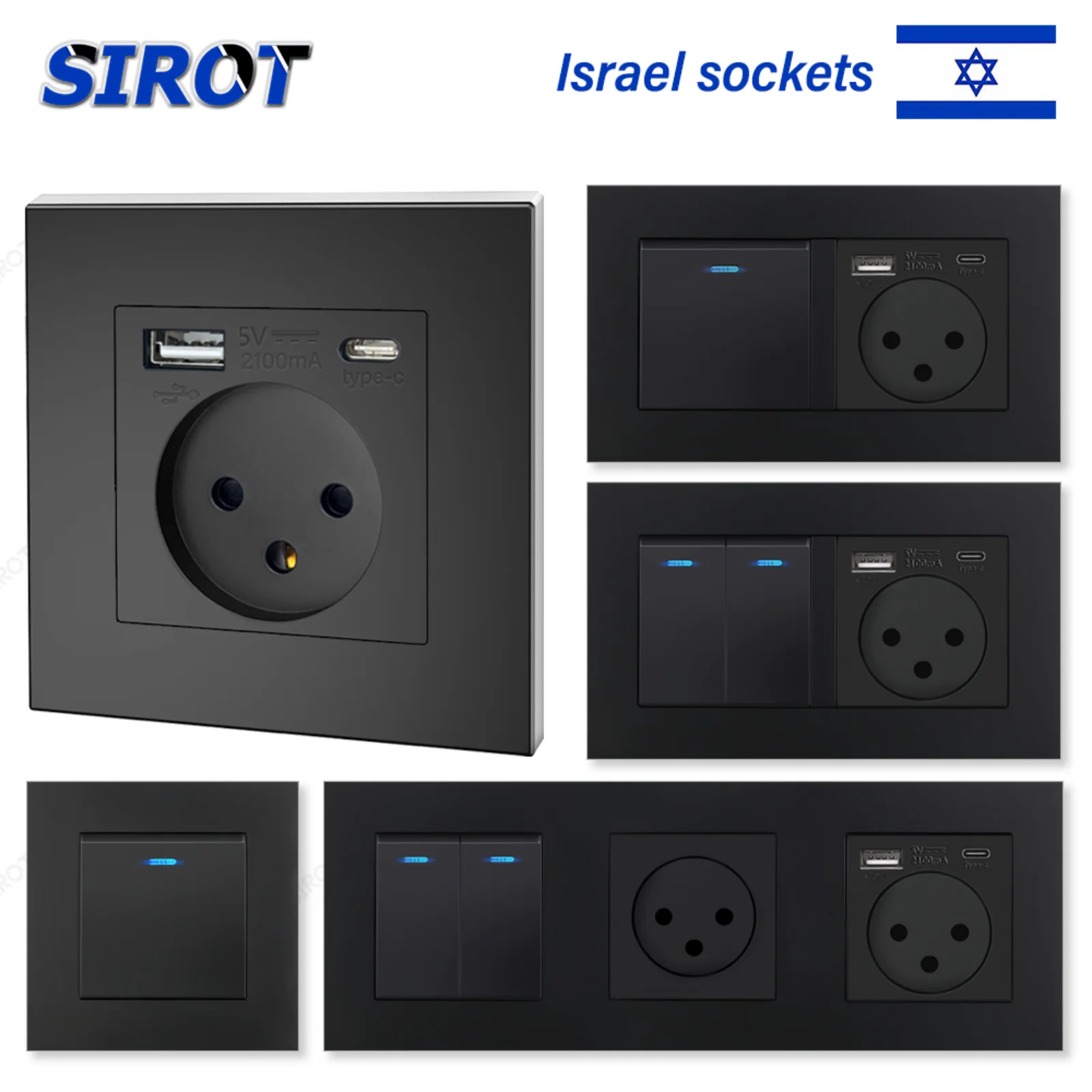 SIROT Israel Standard Wall Socket Power,5V 2.1A USB Type-C Mobile Phone Charging Port,Israel Black Switch and Socket Combination
