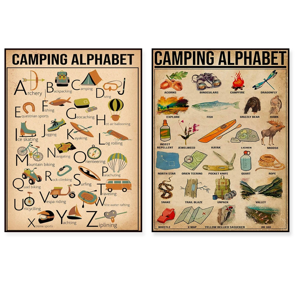 Camping alphabet knowledge prints, campfire posters, campfire knowledge, woodland letters, poster gifts for camping lovers