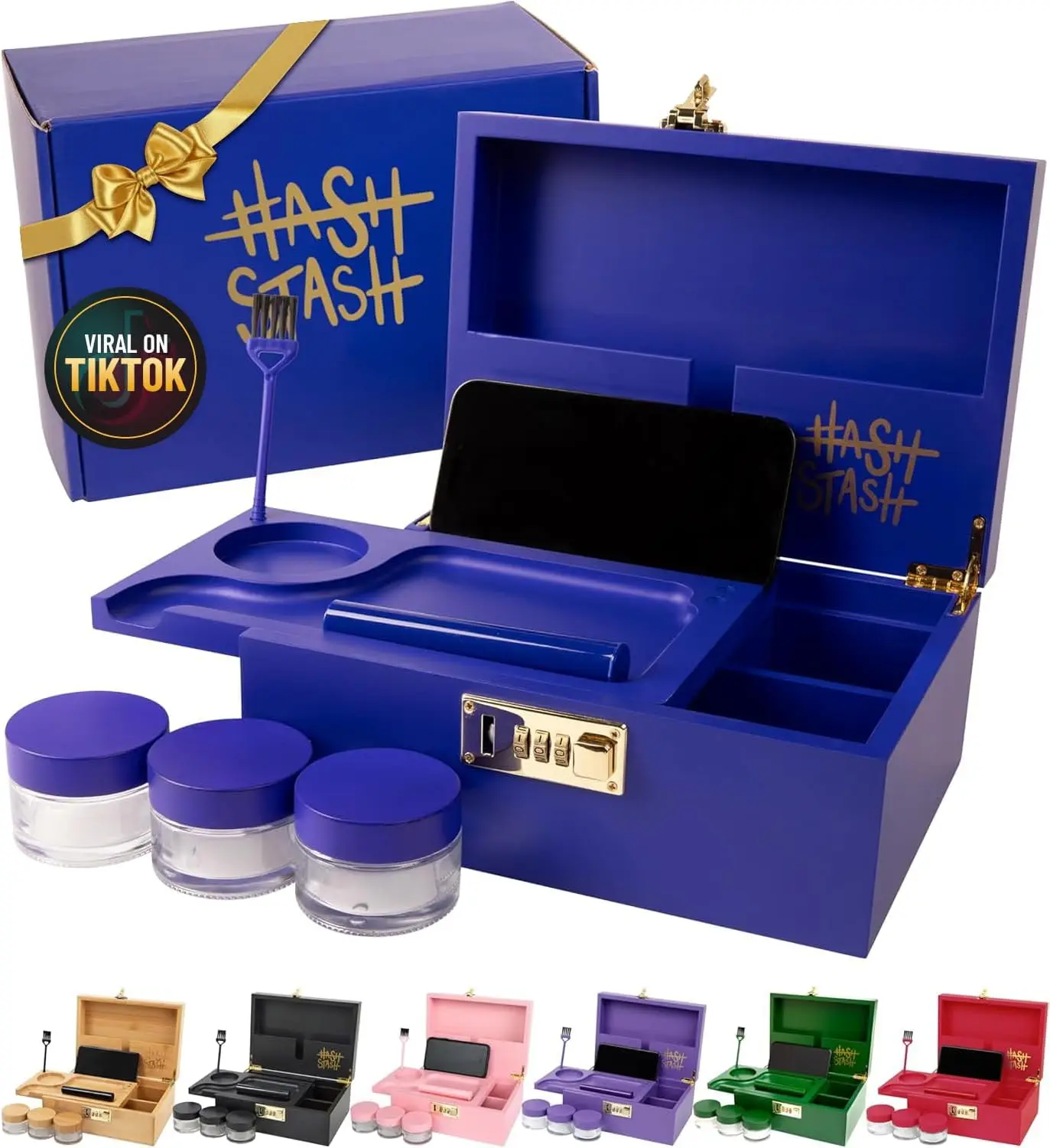 

Large Bamboo Storage Box with Lock, Organizer Tray, Airtight Jars & Tube - Decorative Wooden Box in Royal Blue/Gold