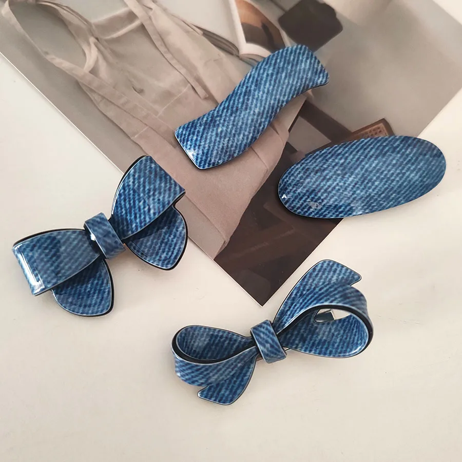 

2pc Vintage Retro Denim Style Plastic Hairpin Cute Bow Hair Side Clip for Women Girls Korean Hair Accessories