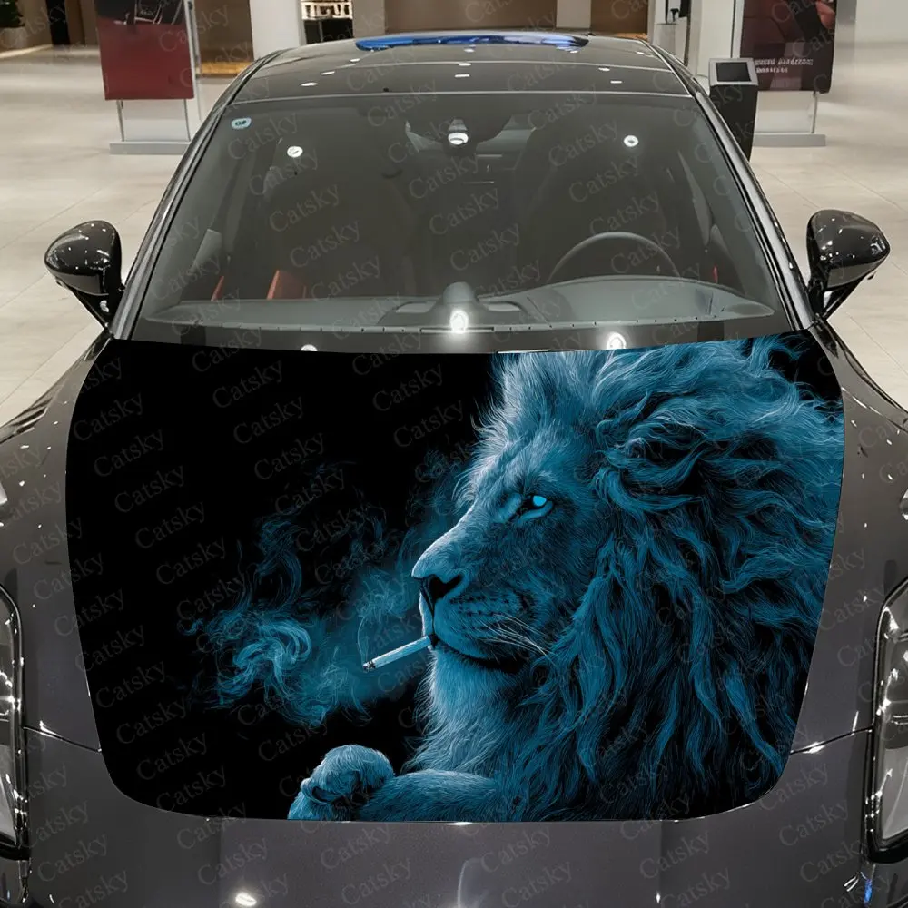 

Cyber Vein Blue Pupil Lion Car Vinyl Wrap, PVC Waterproof Car Hood Sticker, Self-Adhesive Scratch-Resistant Stickers