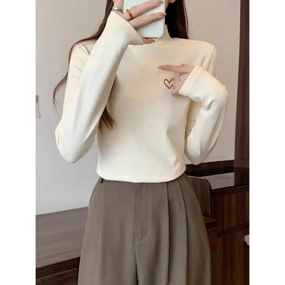 

Women's Thickened Long Sleeve Base Shirt Half High Collar Inner Wear Slimming Autumn Winter Cotton T-shirt Casual Style