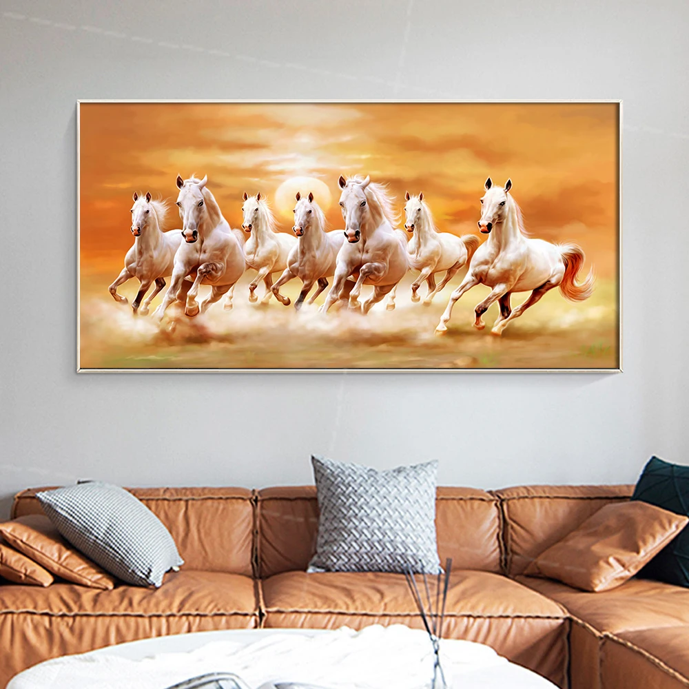 7 White Running Horses Canvas Painting Print Modern Wall Art Animal Poster Setting Sun Landscape Pictures Living Room Home Decor