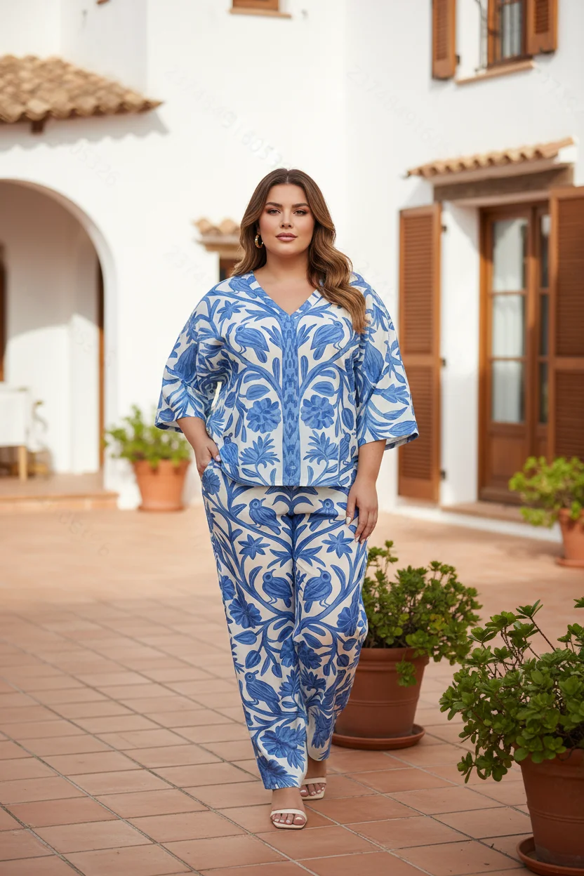 

printed suit wide leg pants set three quarter sleeve top blue and white color scheme floral and bird pattern casual style loose