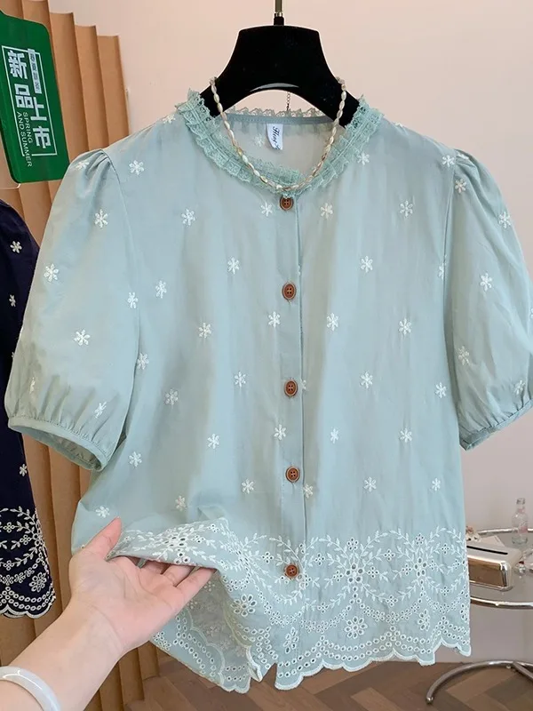 

Elegant Floral Embroidery Hollow Bubble Sleeve Shirt Women Summer Anti-Aging Slimming Beautiful Top Unique French Style Loose...