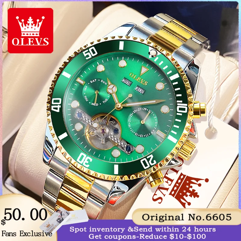 

OLEVS 6605 Top Luxury Brand Men's Automatic Mechanical Watch Classic Green Water Ghost Waterproof Luminous Fashion Men's Watch