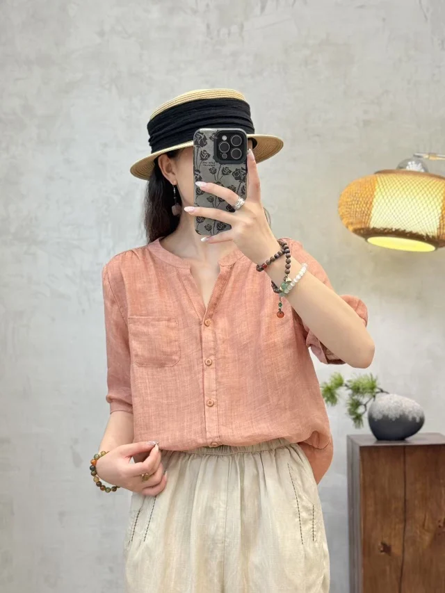 

Ретро-кардиган женский свободного кроя из чистого льна с V-образным вырезом, на пуговицах, однорядный, летний, новый