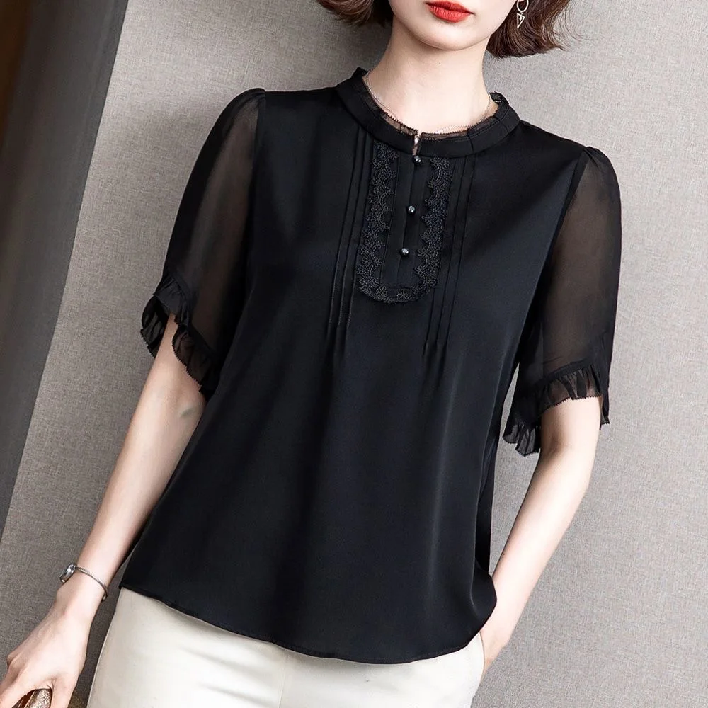 Woman Summer Style Chiffon Blouses Tops Lady Casual Short Sleeve O-Neck Black Color blusas Tops WY1019