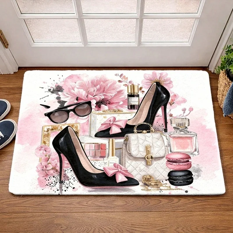 Newest Doormat Fashion High Heel Perfume Flower Macaron Print Flannel Doormat Non Slip Women Front Door Mat