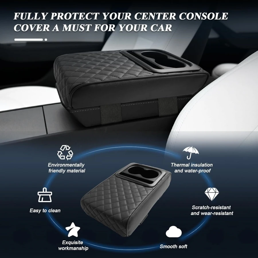 Universally Car Armrest Cushion with Cup & Phone Holder For Tesla Model Y & 3 Auto Center Console Armrest Pillow Arm Rest Cover