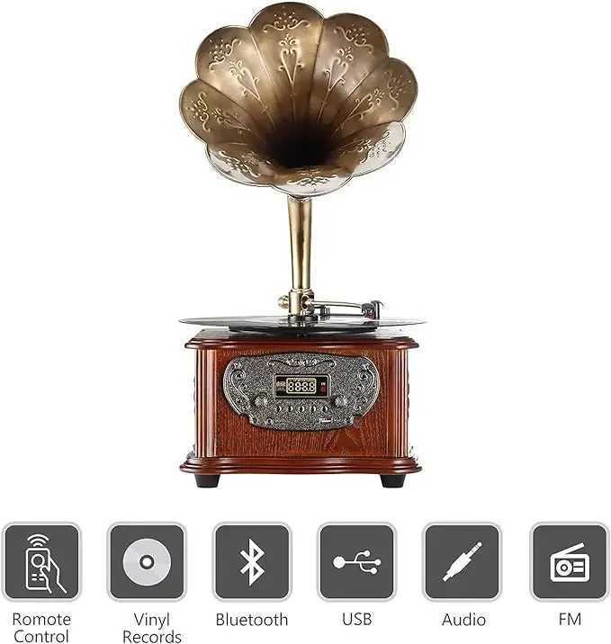 Europeu Antigo Gramophone Turntable, CD sem fio, Gravador de vinil vintage de madeira sólida, Bluetooth, Mini Aux Home, High-End