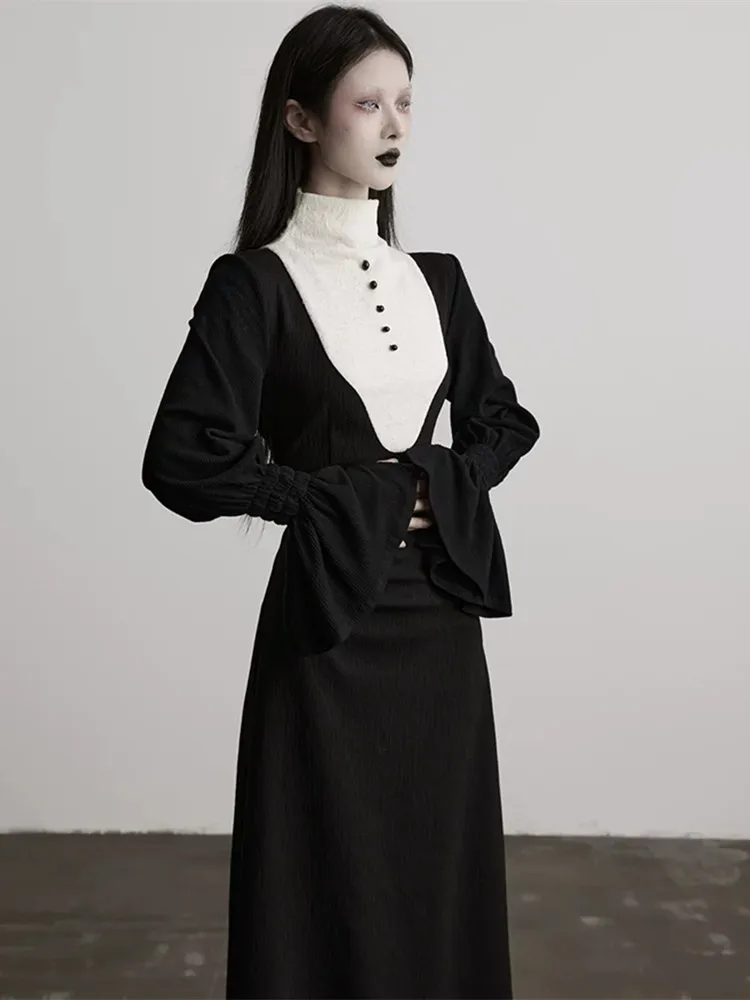84-92cm Bust Women's Autumn Vintage Court Style Black and White Colorblock Lace Flare Sleeve Elegant Waist-Defined Maxi Dresses