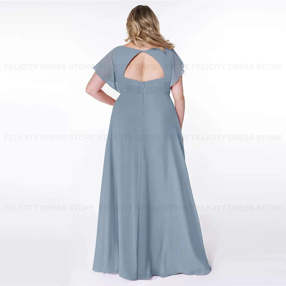 Dusty Blue Plus Size Mother of the Bride Dress 2023 A-Line V-Neck Wedding Guest Dresses Pleated Chiffon Front Slit Evening Gowns