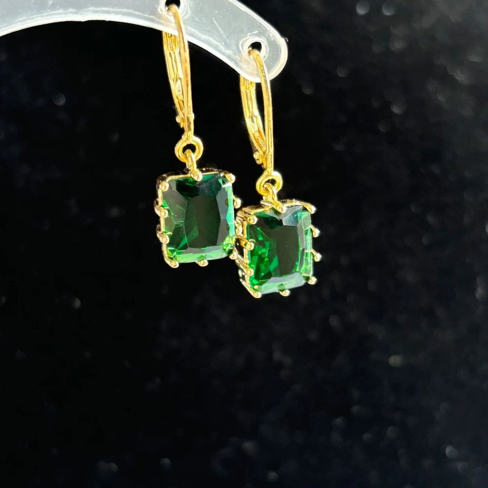 Emerald Green Crystal Square Stone Earring Sparking Zircon Drop Hoop Earrings For Women Vintage Gold Color Wedding Jewelry Gift