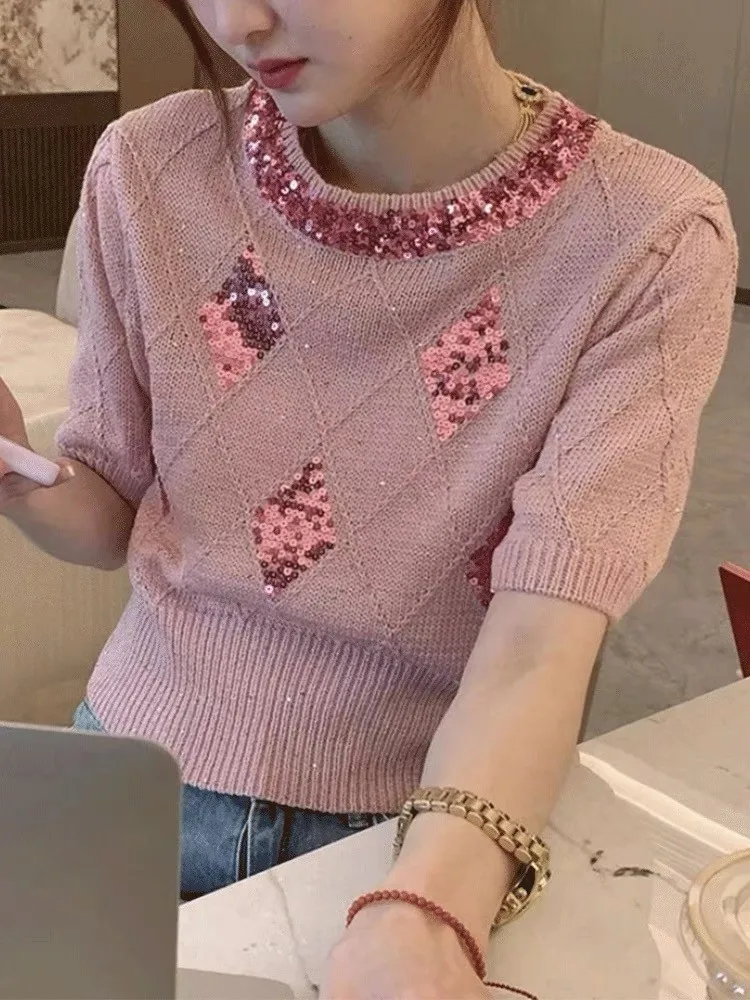 2024 Summer Sequins Sweater Women Knit T-shirt Pullovers Elegant Korean Style Chic Ladies Top Tees Short Sleeve Knitwear Jumpers