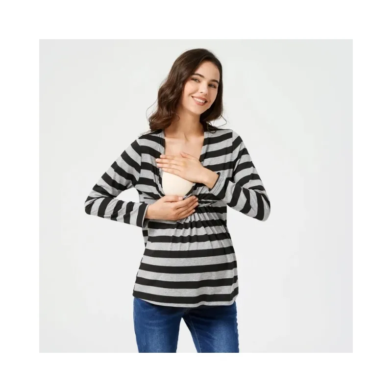 

Новая мягкая удобная футболка для беременных с v-образным вырезом в трансграничную полоску и длинными рукавами для кормления грудью из Европы и Америки