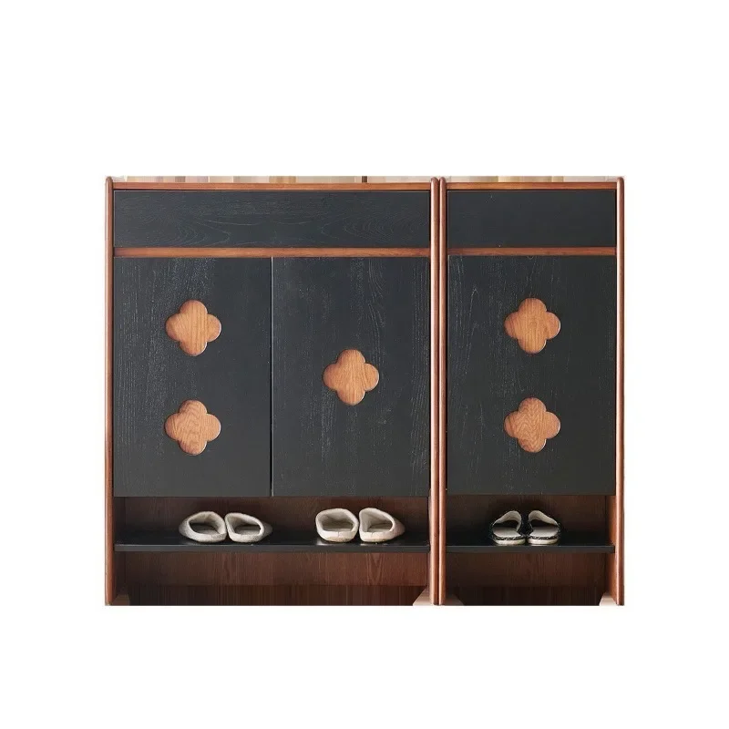 

French retro ash wood solid wood dining side cabinet, entrance entrance cabinet in the foyer, black, medieval storage