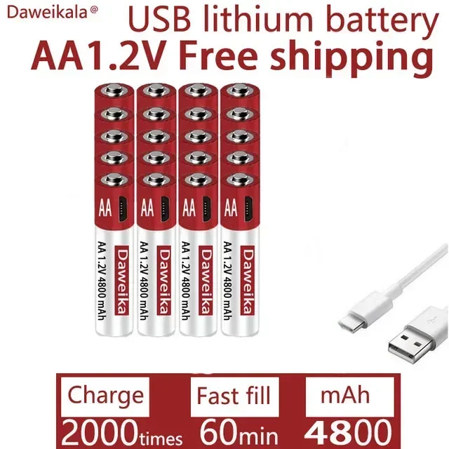 AA Rechargeable Lithium Battery, 1.2V USB Rechargeable AA Battery, AA, 4800mAh, Toy Mouse Remote Control, Free Delivery CE  FCC