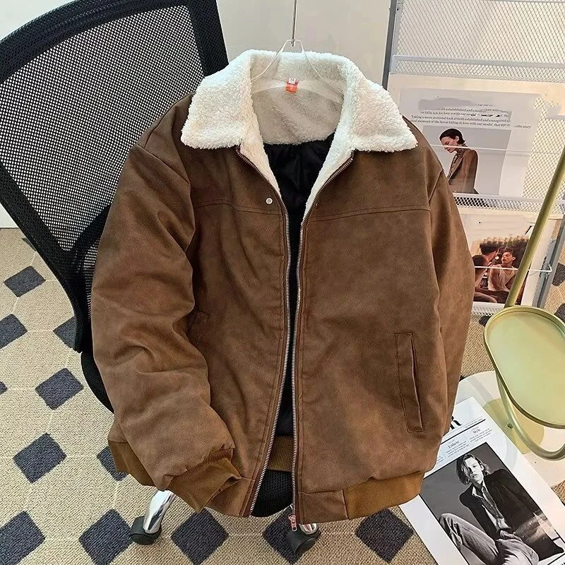 

PU Retro Lamb Fleece Jacket Cotton Jacket Men's Winter Thick Warm Collar Cotton Jacket Workwear Coat All Match Top