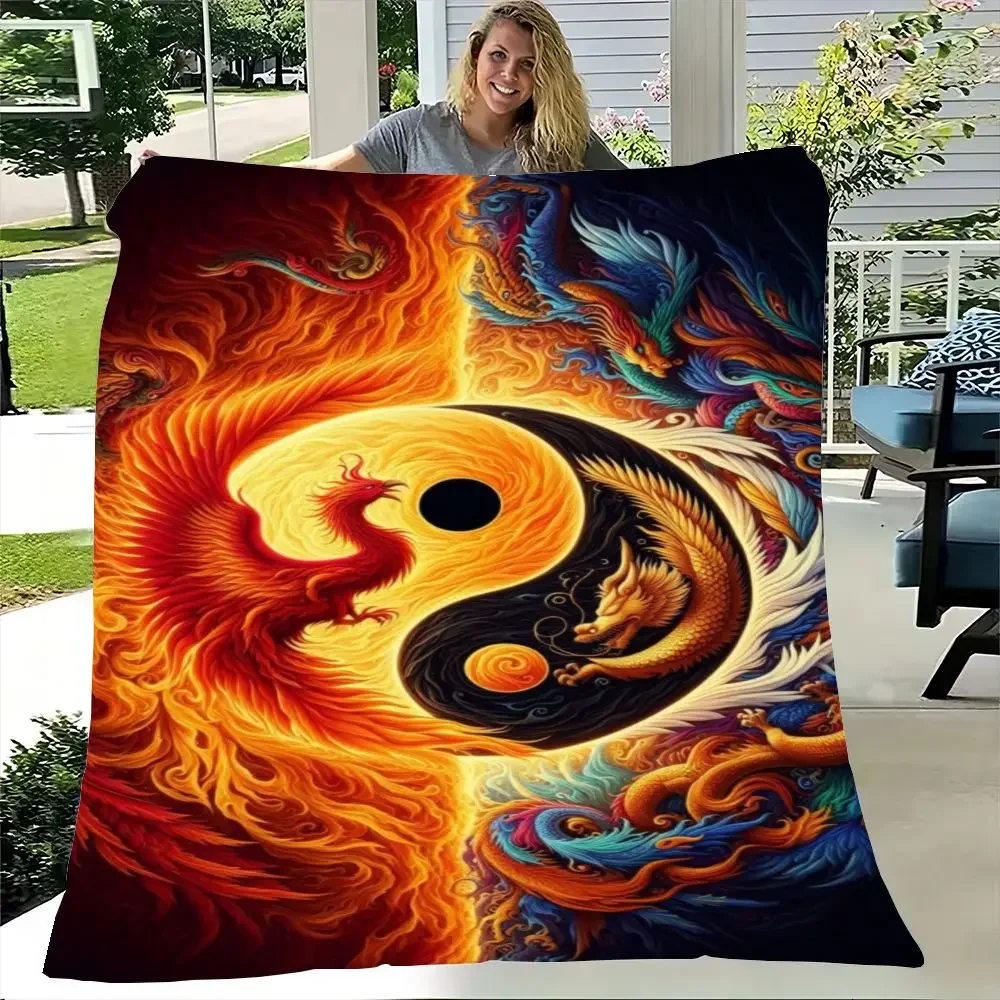 Vibrant Yin-Yang Phoenix and Dragon Blanket - Surreal Artwork Featuring Fiery Red Phoenix and Ethereal Blue Dragon, Cozy and Sof