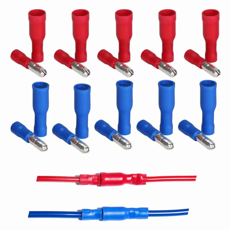 100PCS PVC Insulated  Bullet Wire Connectors Male & Female Crimp Terminals Sets 22-10AWG Red Blue