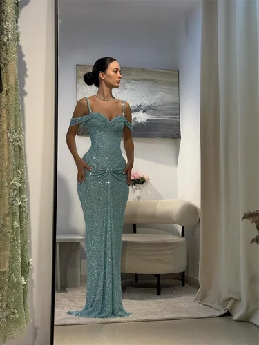 Imagen 2 del producto Amanda-vestido de fiesta sin mangas, tubo azul brillante personalizado, plisado con hombros descubiertos, vestidos de noche formales hasta el suelo