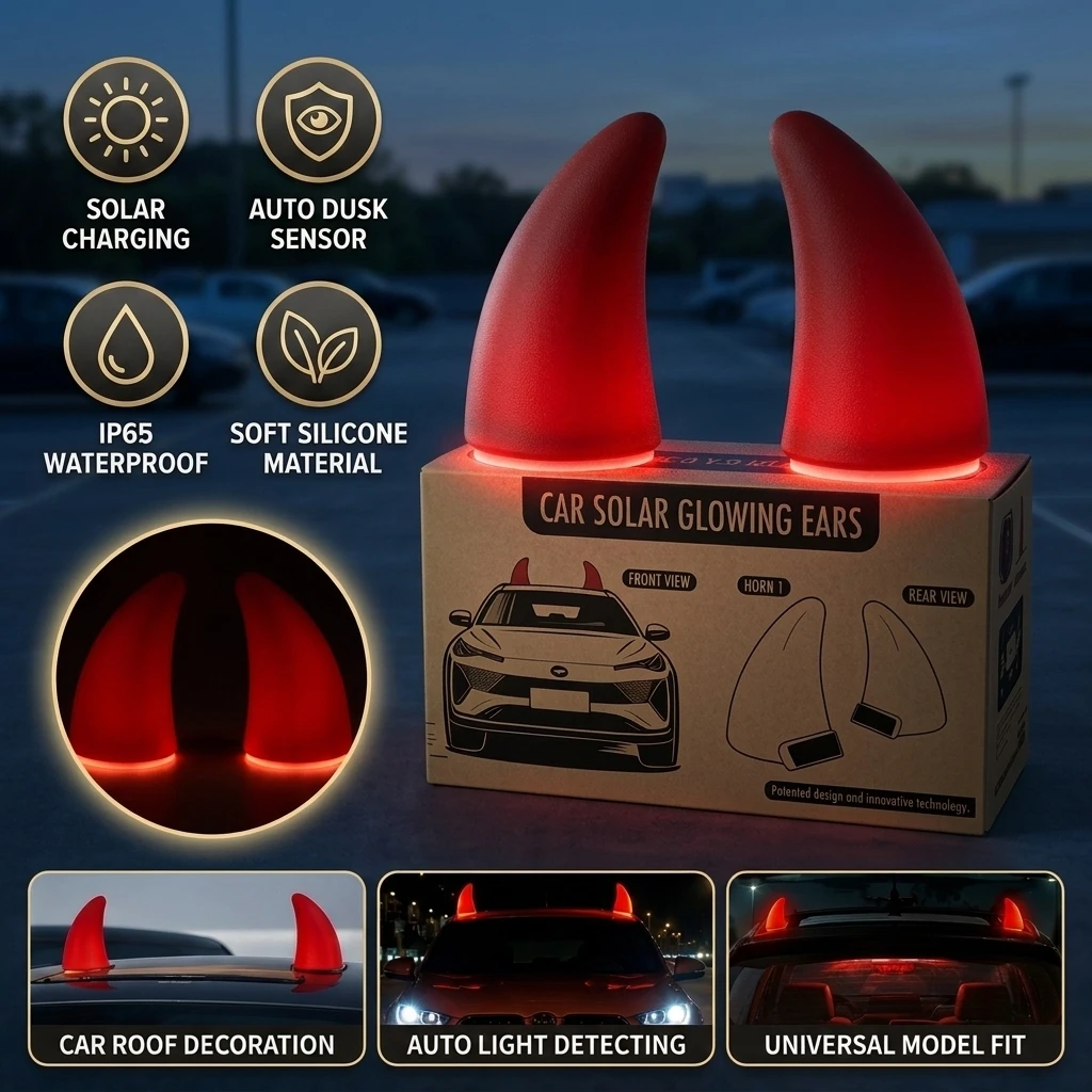 Solar Powered LED Car Roof Devil Horns Light - Vibration Activated Glowing Decoration Lamp, IP65 Waterproof, Fits All Vehicles