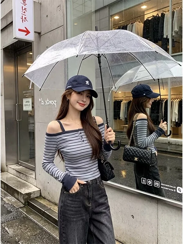 Slimming Blue Grey Stripe One Shoulder Long Sleeve T-Shirt Women's Korean Style Cookie Line Design Casual Cotton Top