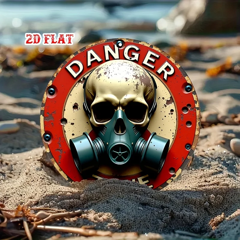 2D Flat "Danger Zone" Gas Mask Skull Round Tin Sign - Retro Post-Apocalyptic Biohazard Art Metal Wall Decor for Man Cave, Bar, S view 5