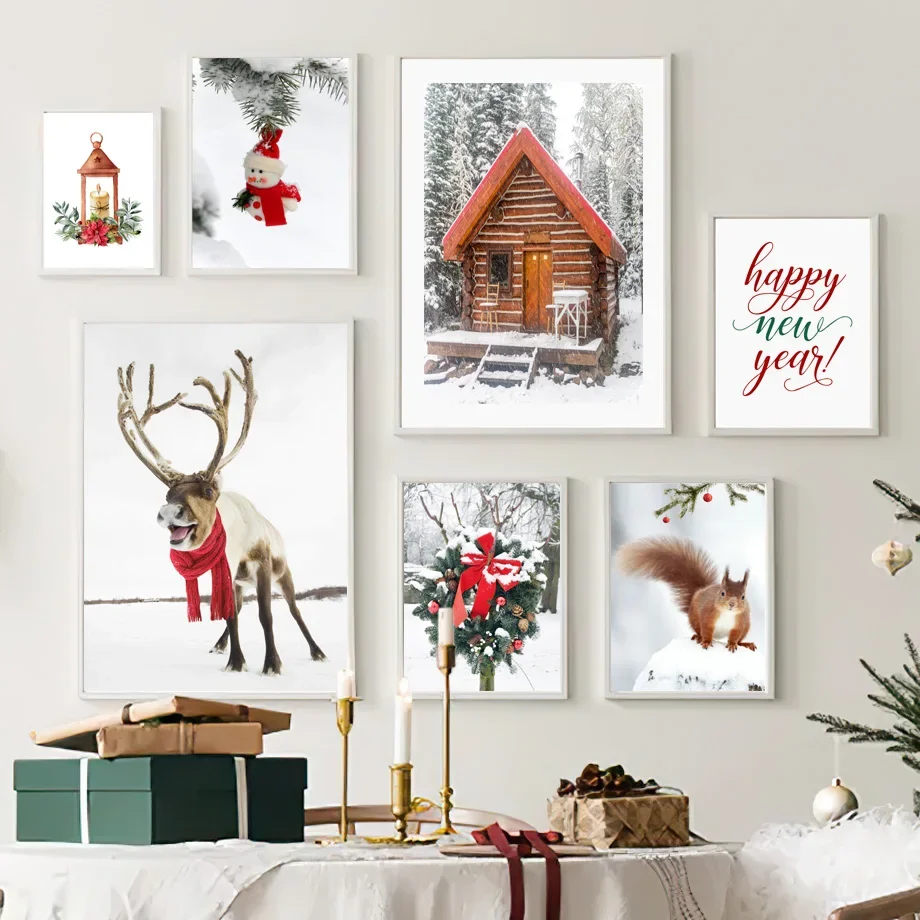 

Christmas Theme Reindeer Squirrel Pine Cones Train Wall Art Canvas Painting - Festive Decor for Living Room