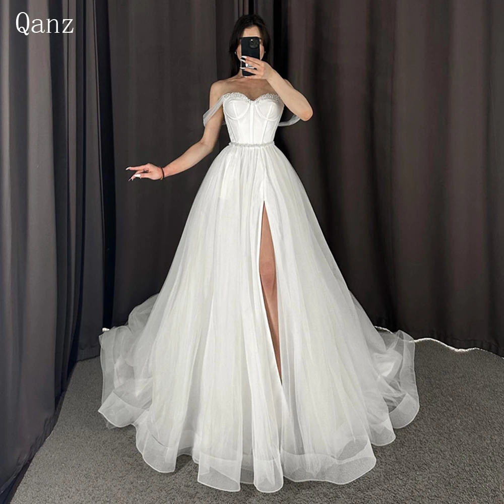 

Qanz Tulle Ball Gown Robe De Noiva Wedding Dress Beaded Side Split Sweetheart Wedding Gowns Princess Plus Size Vintage Brides