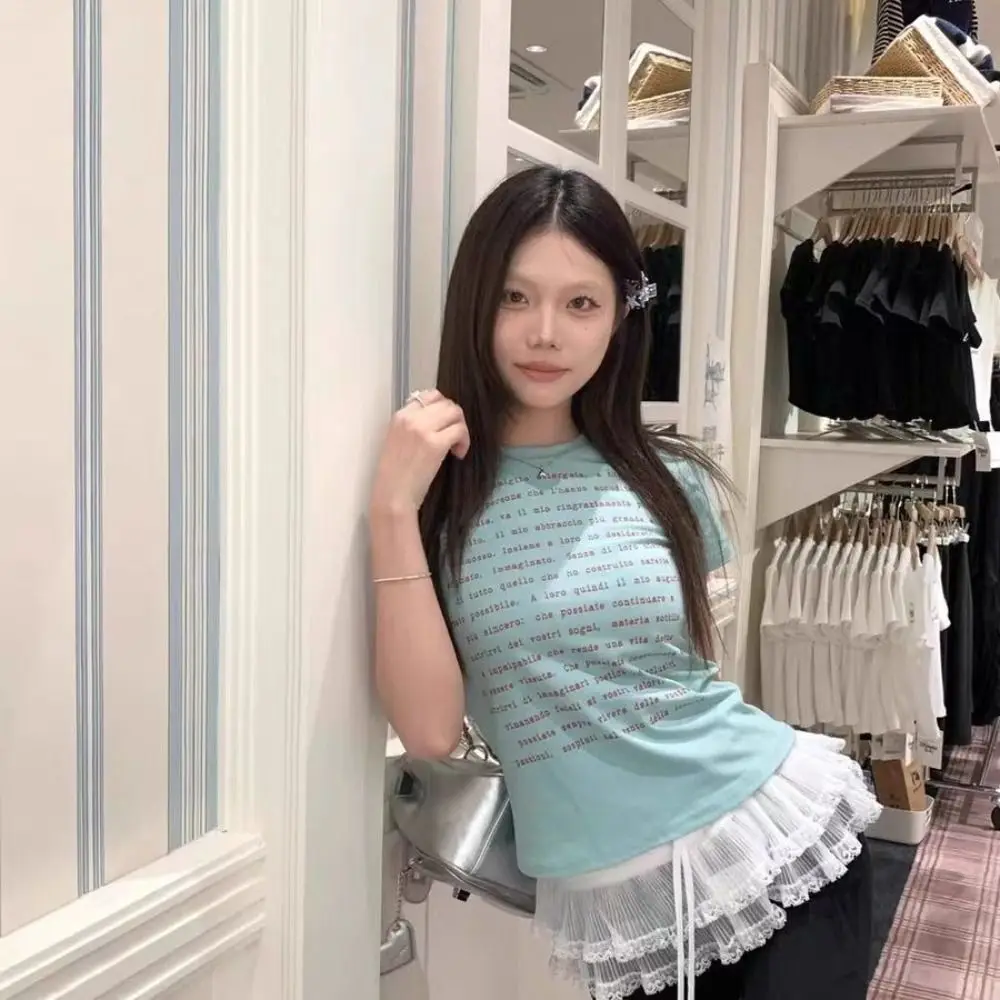 Rok Mini Renda Balletcore Manis Gaya Y2k Korea Rok Ruffle Pendek Motif Bunga Streetwear