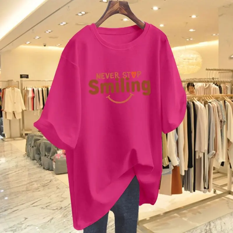 Women's Cotton Loose Solid Color T-shirt 2024 Summer New Models Smiling Face Tops Lady O-Neck Large Size Basic Short Sleeve Tees