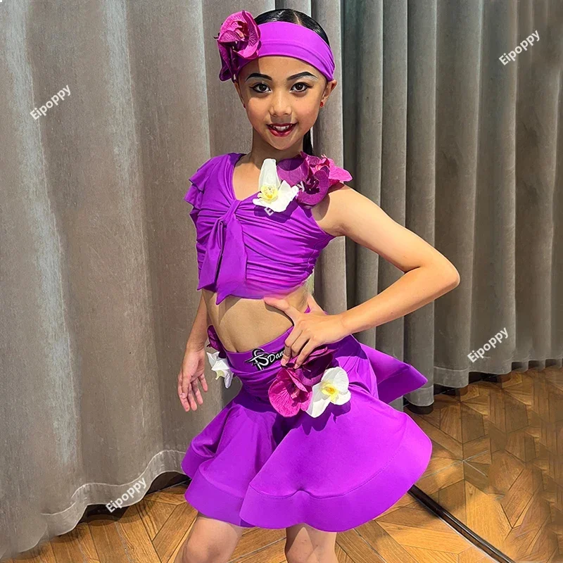 Traje de baile latino púrpura para niñas, vestidos de baile latino de Rumba, Tango, Salsa y Samba, vestido de salón de competición para niños